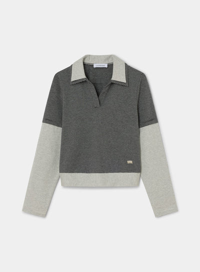 CANDACE GREY STRIPED LONG SLEEVE POLO T-SHIRT