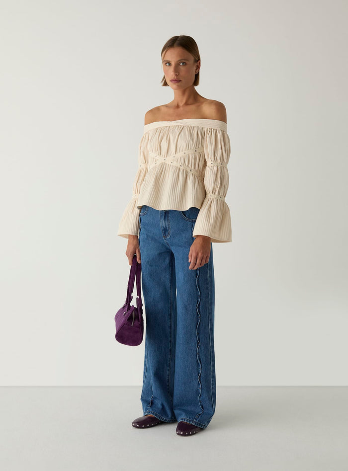 ADDISON ECRU RUCHED BLOUSE