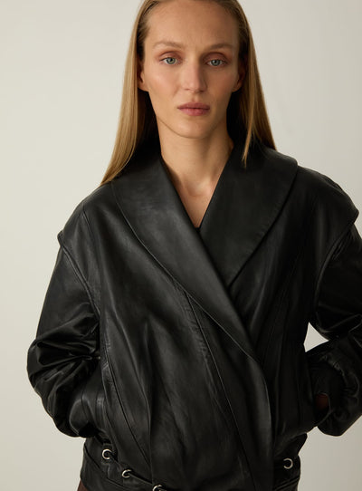 TYRA REAL LEATHER BLACK BOMBER JACKET