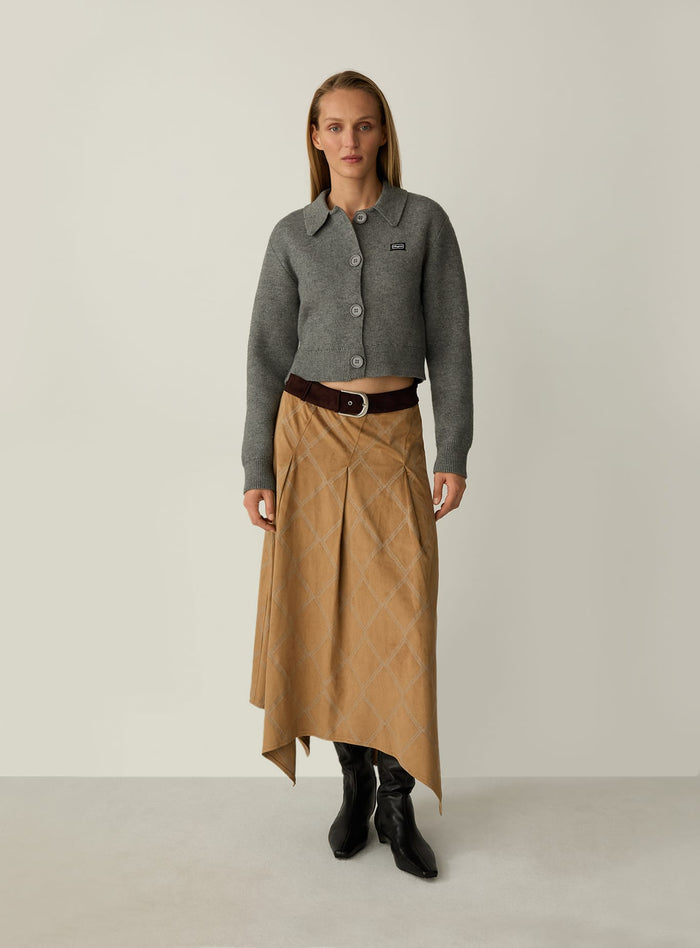 TYLA CAMEL EMBROIDERED MIDI SKIRT