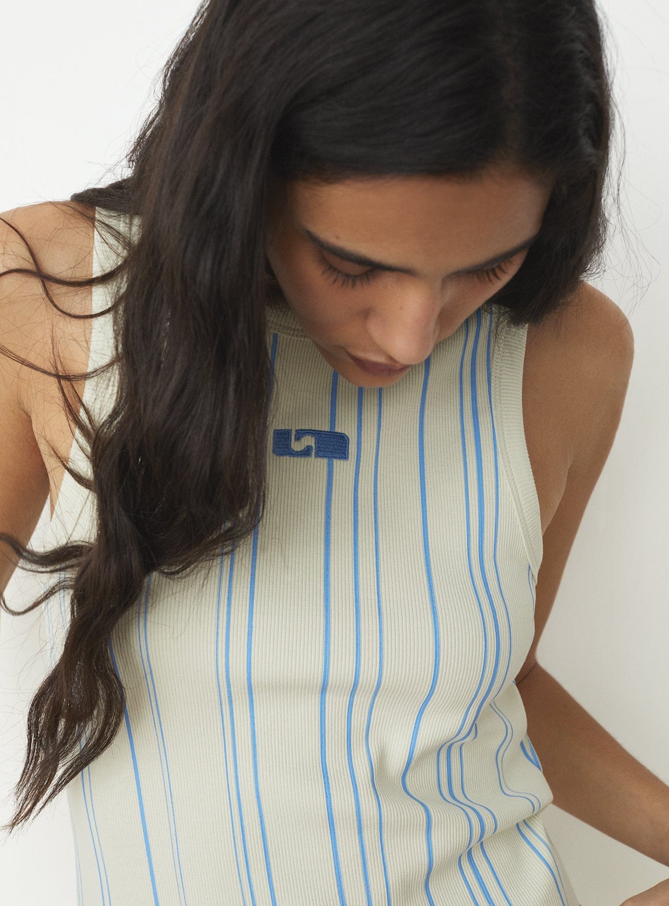 LIGHT BLUE STRIPED EMBROIDERED LOGO TANK TOP