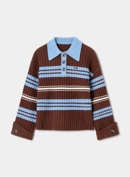 Graz Brown Striped Polo Knit | LAAGAM Graz Brown Striped Polo Knit | LAAGAM