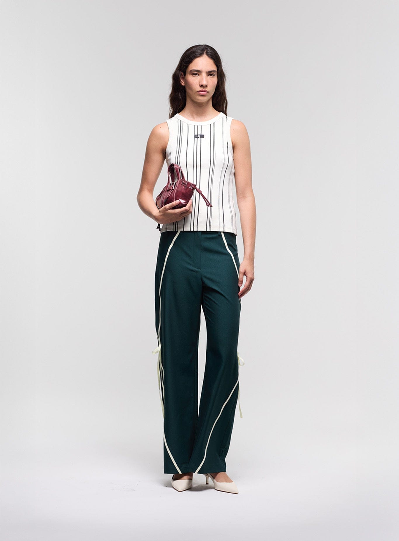 ECRU STRIPED EMBROIDERED LOGO TANK TOP