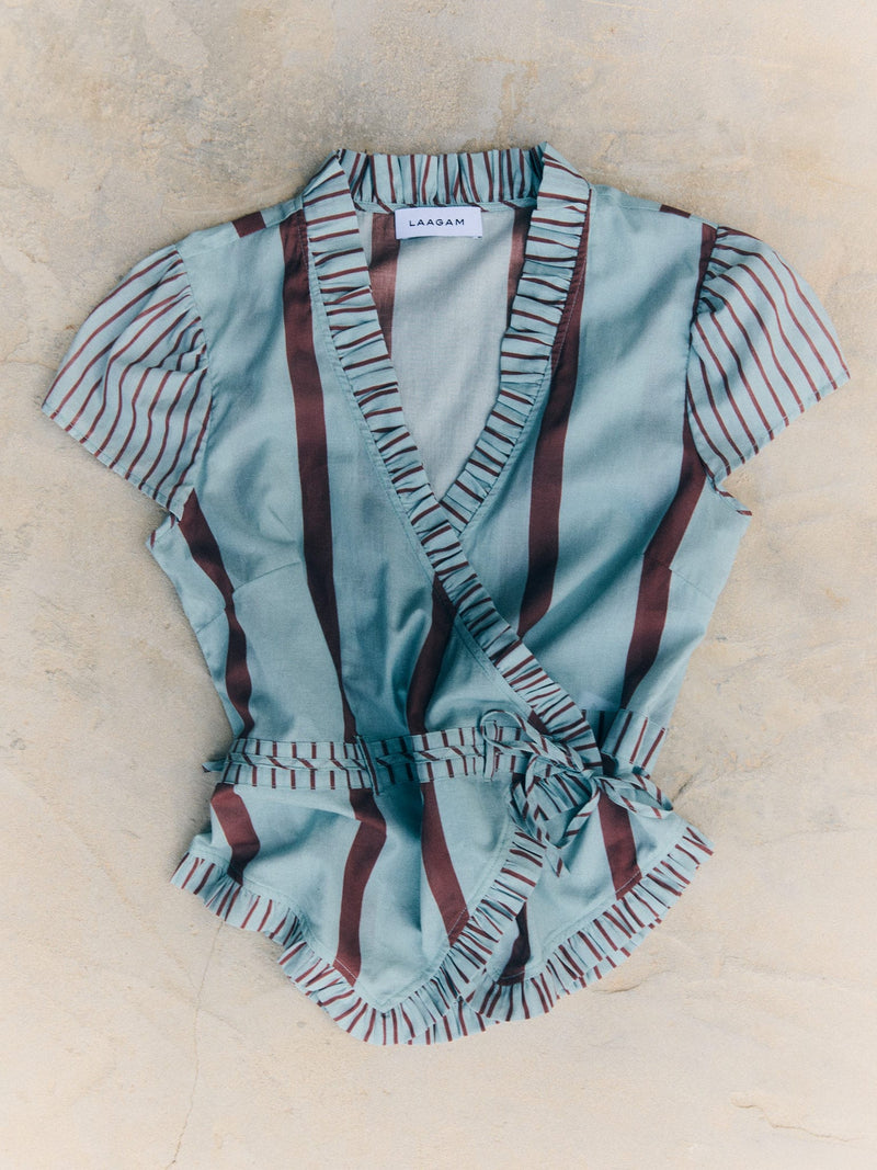 ATENA TURQUOISE STRIPED WRAP BLOUSE