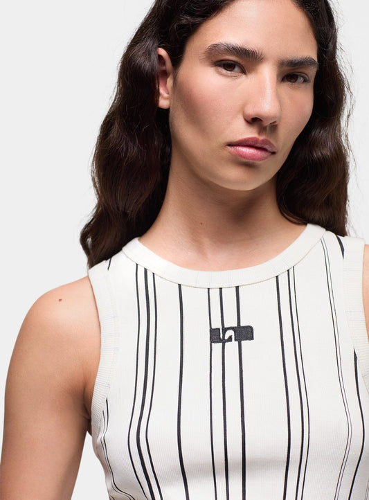 ECRU STRIPED EMBROIDERED LOGO TANK TOP