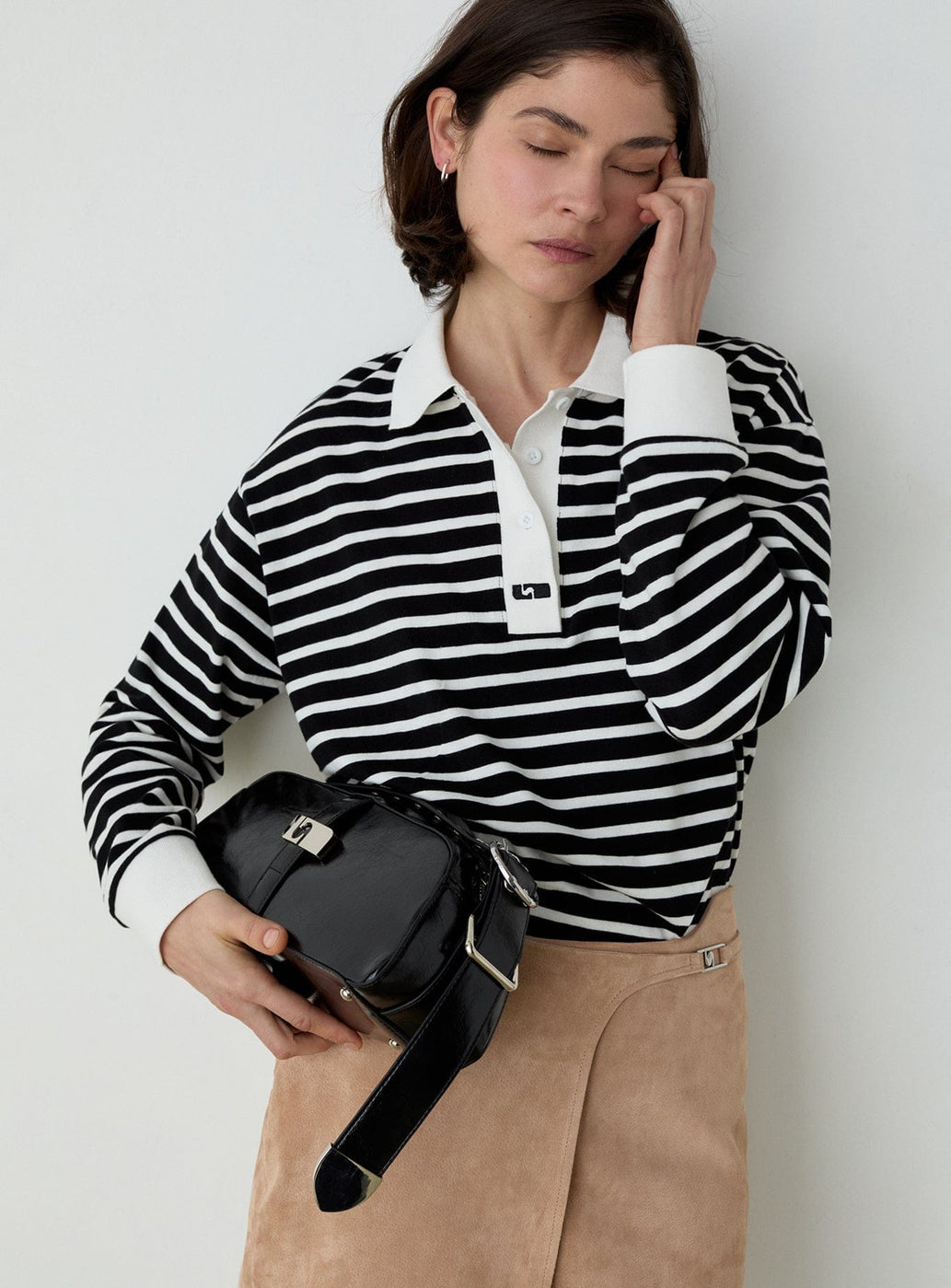 DUSE BLACK STRIPED LONGSLEEVE POLO T-SHIRT