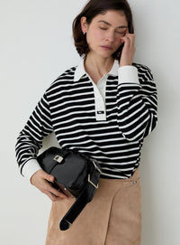 DUSE BLACK STRIPED LONGSLEEVE POLO T-SHIRT
