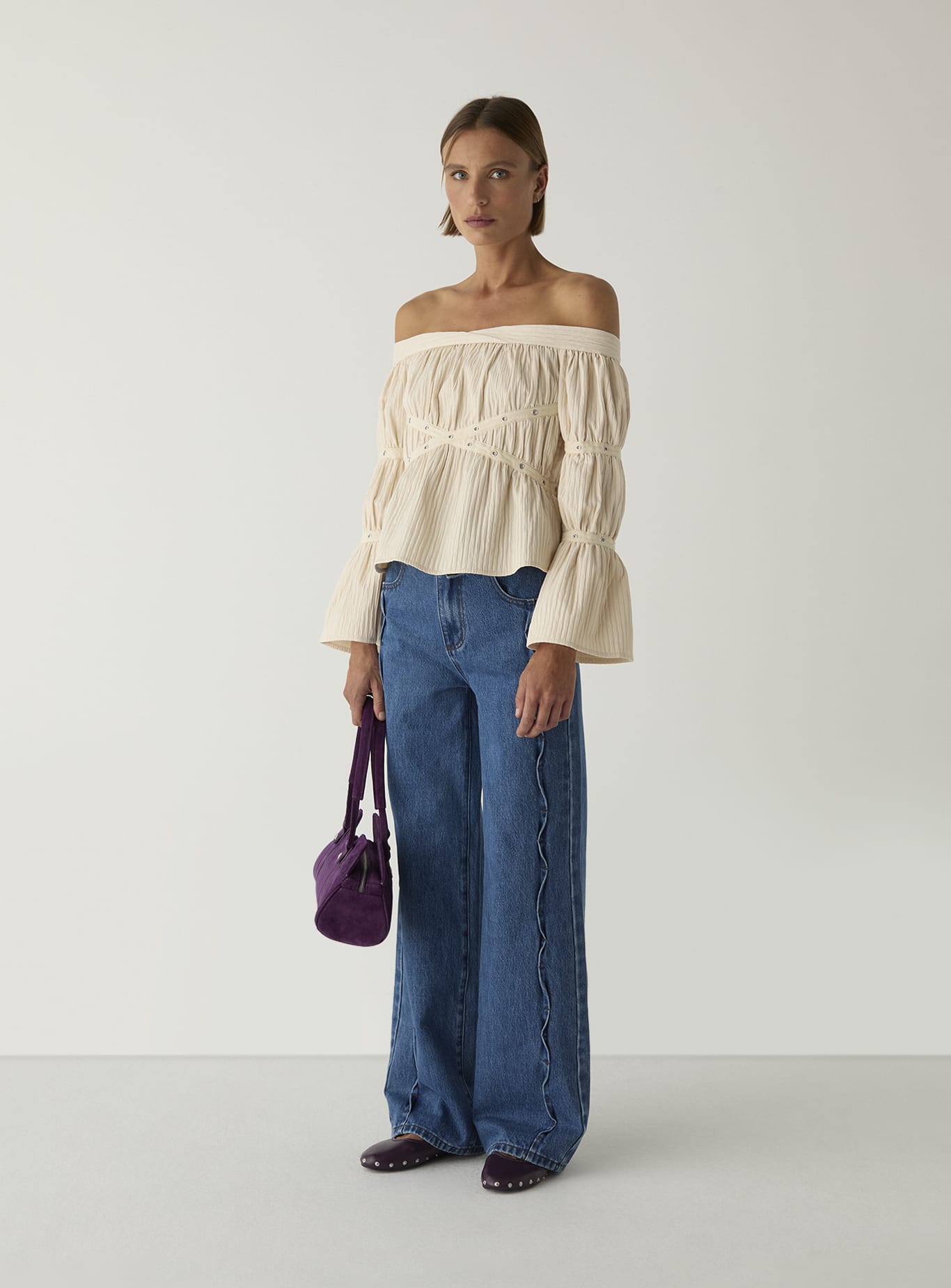 ADDISON ECRU RUCHED BLOUSE