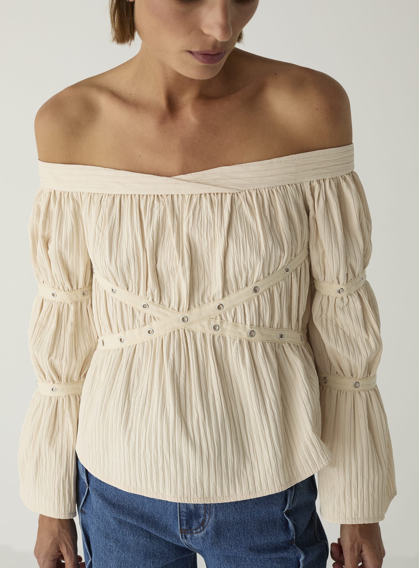 ADDISON ECRU RUCHED BLOUSE