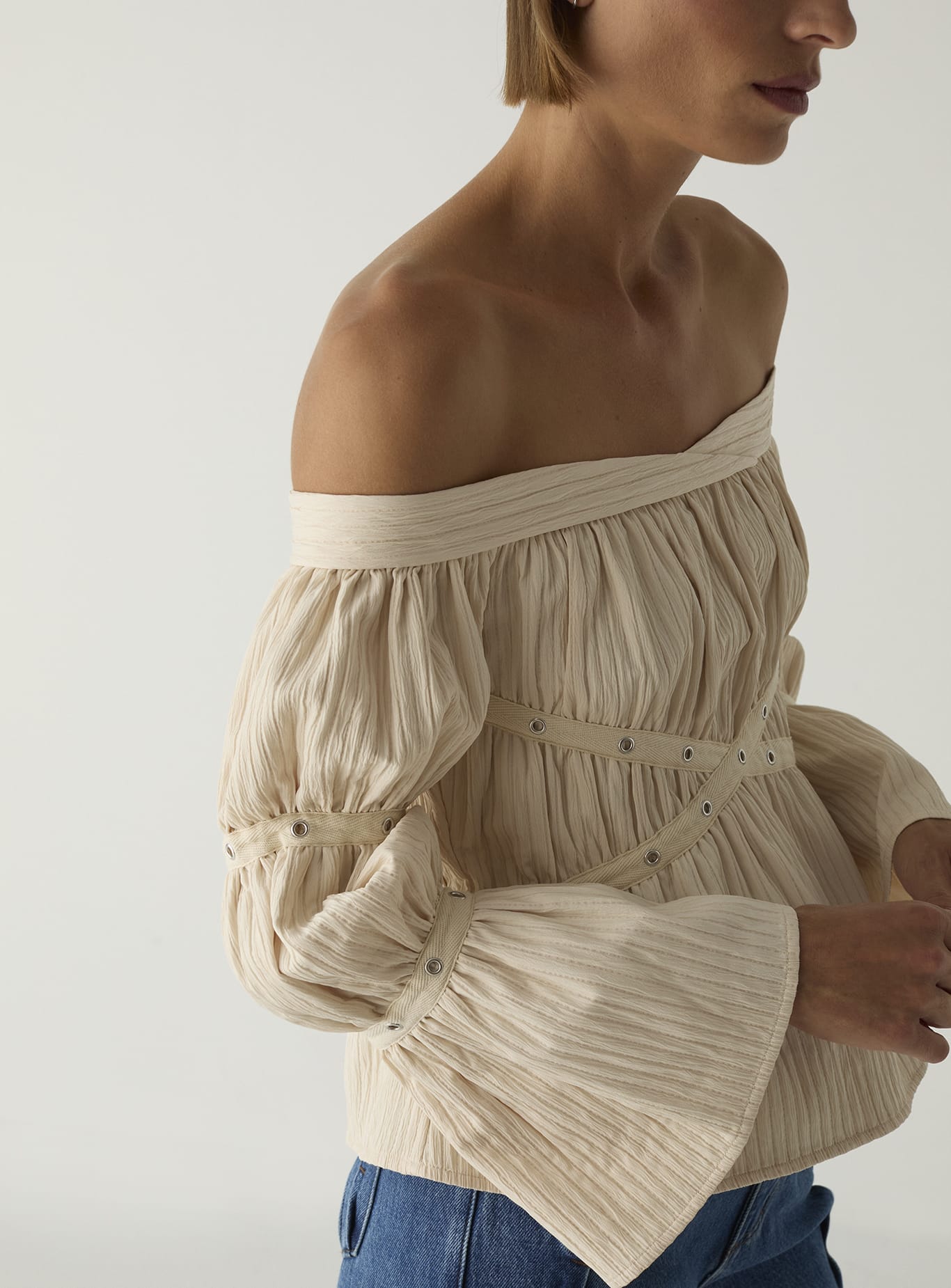 ADDISON ECRU RUCHED BLOUSE