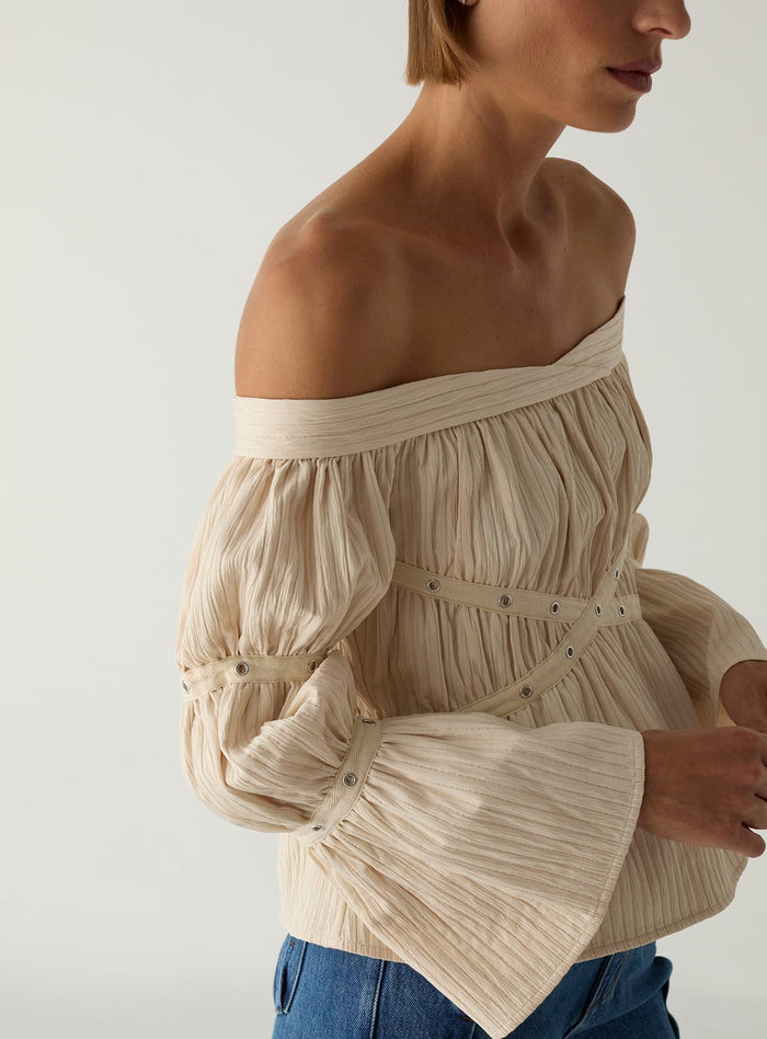 ADDISON ECRU RUCHED BLOUSE