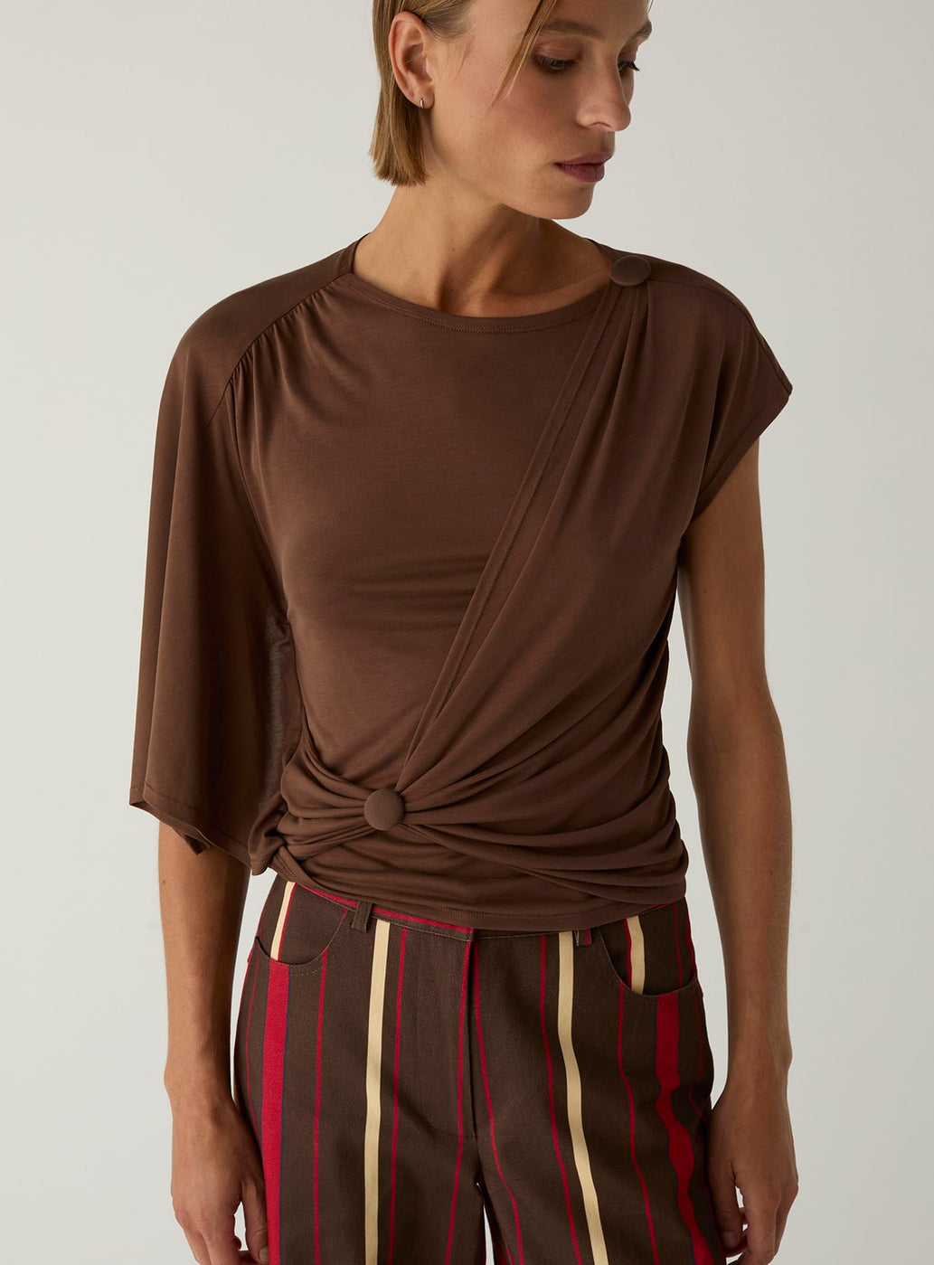 ALF BROWN ASYMMETRIC DRAPED TOP