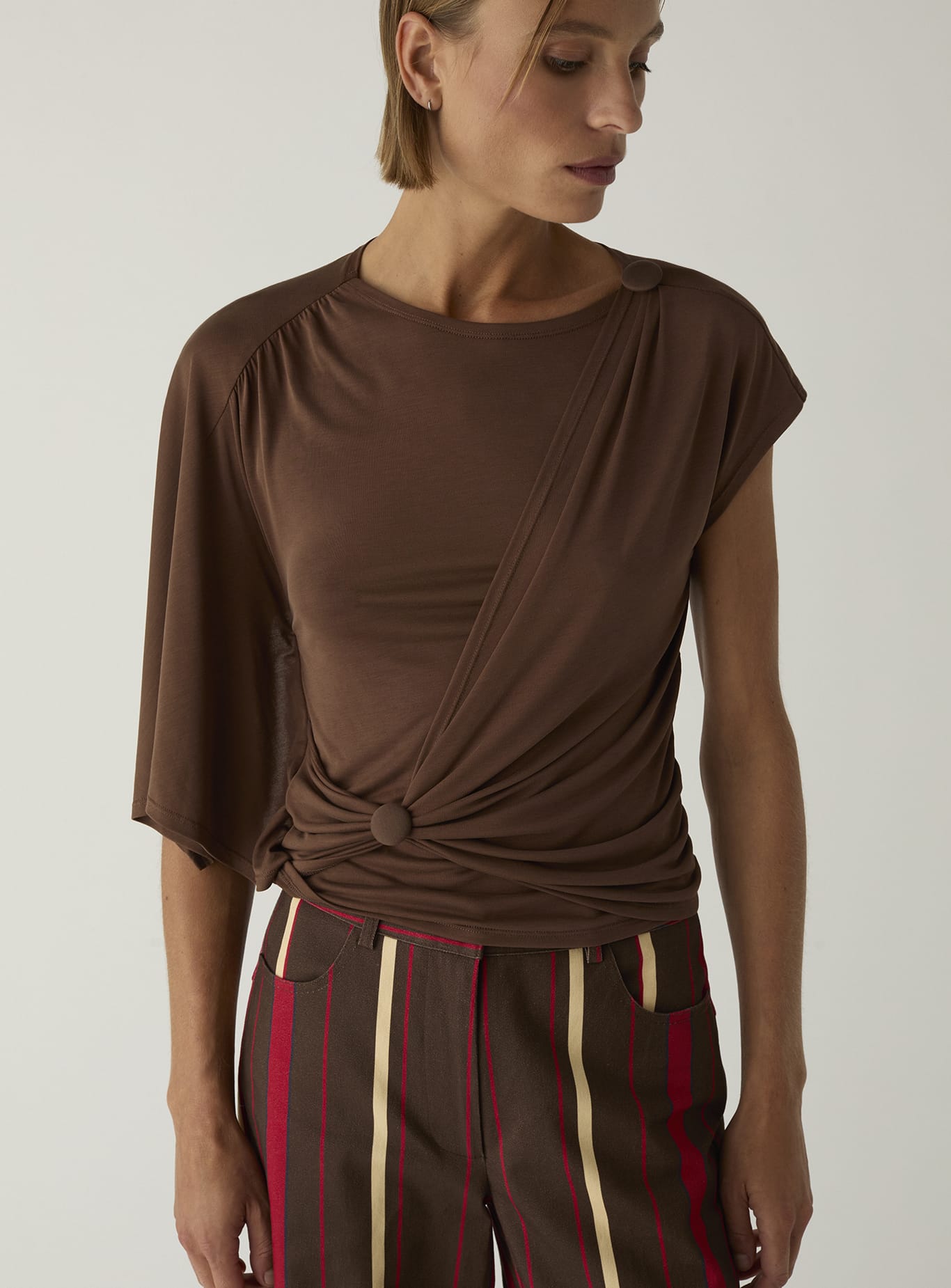ALF BROWN ASYMMETRIC DRAPED TOP