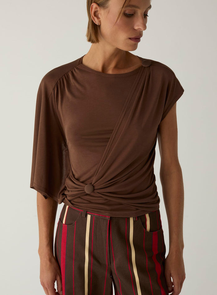 ALF BROWN ASYMMETRIC DRAPED TOP