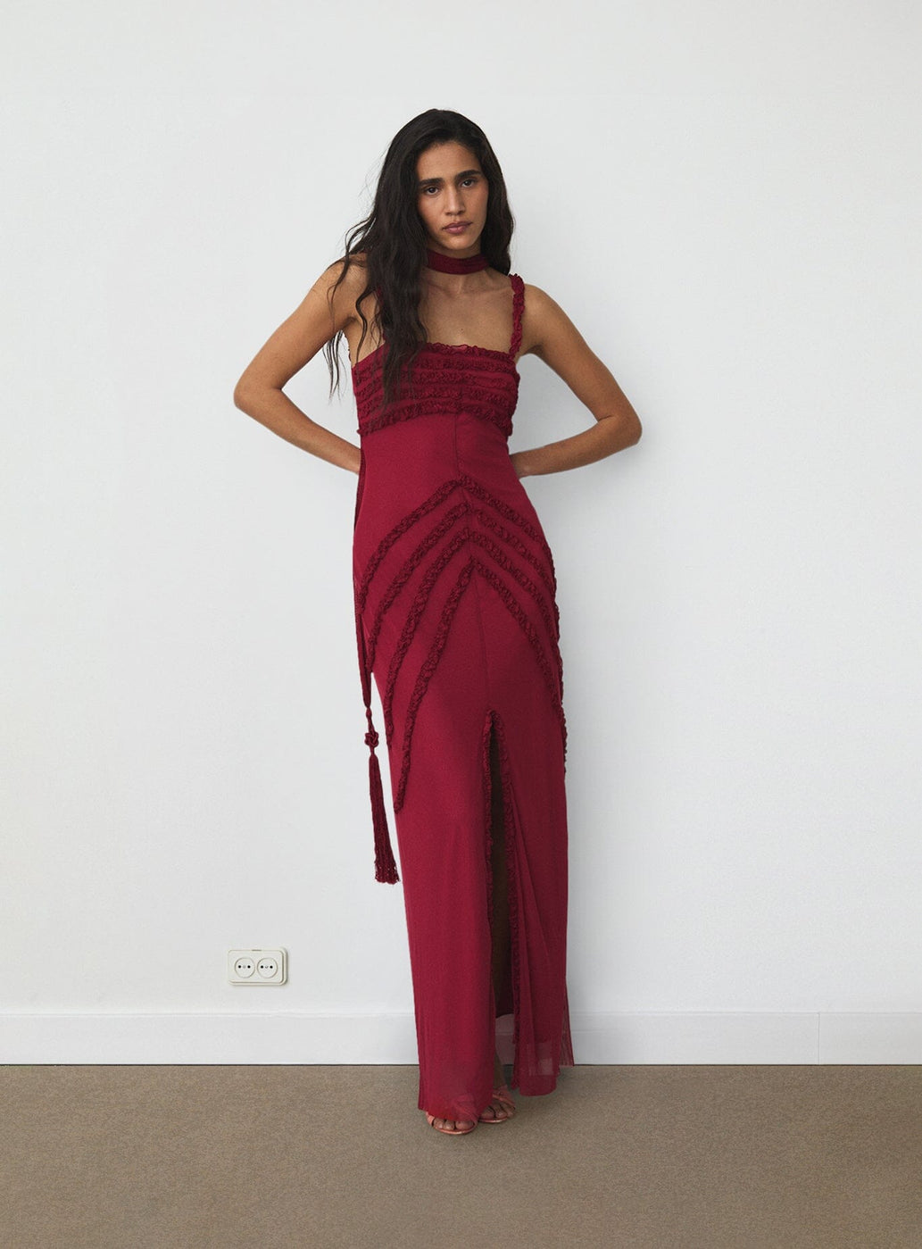 ARABELLA BURGUNDY RUFFLED DRESS
