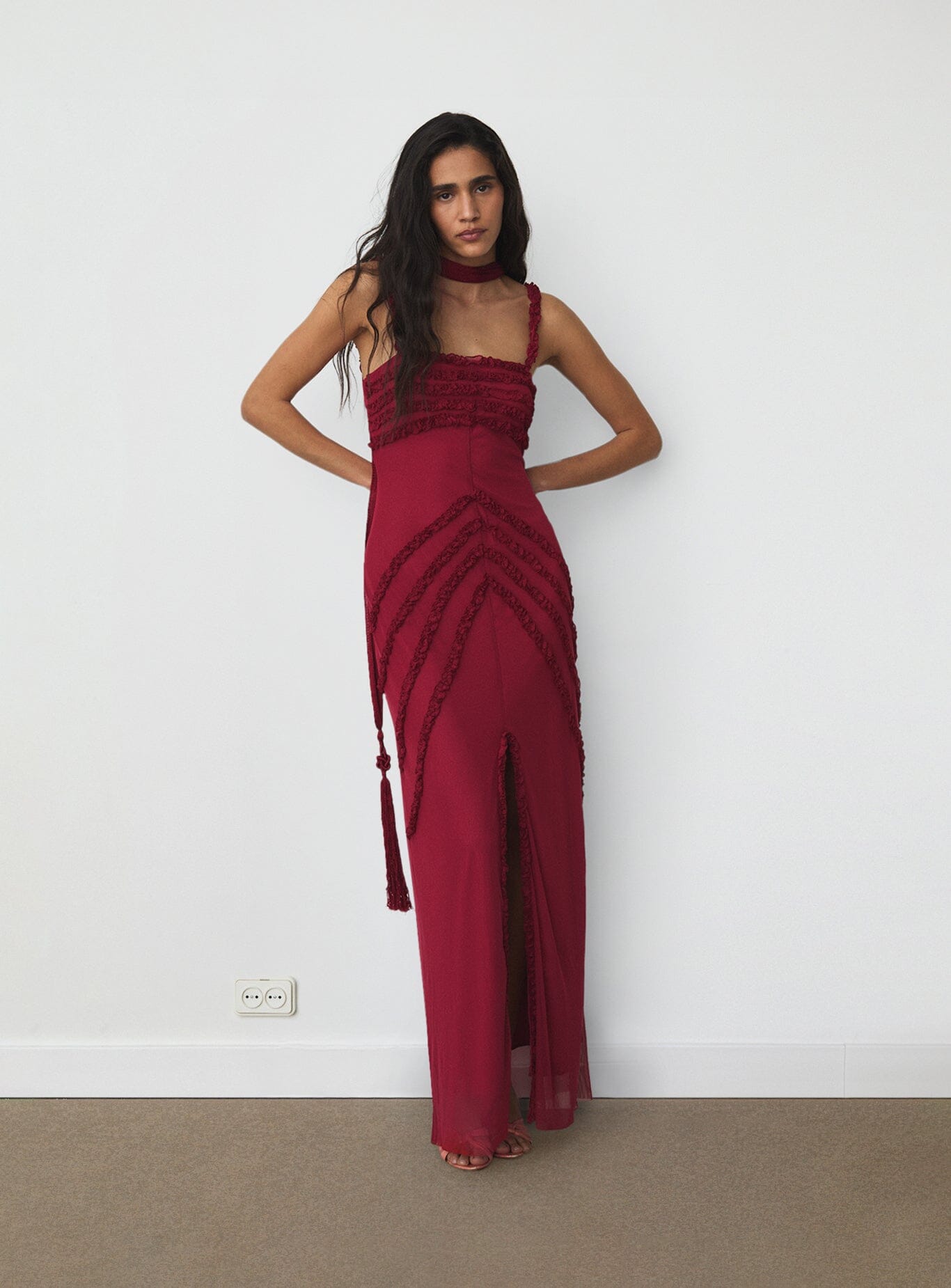 ARABELLA BURGUNDY RUFFLED DRESS