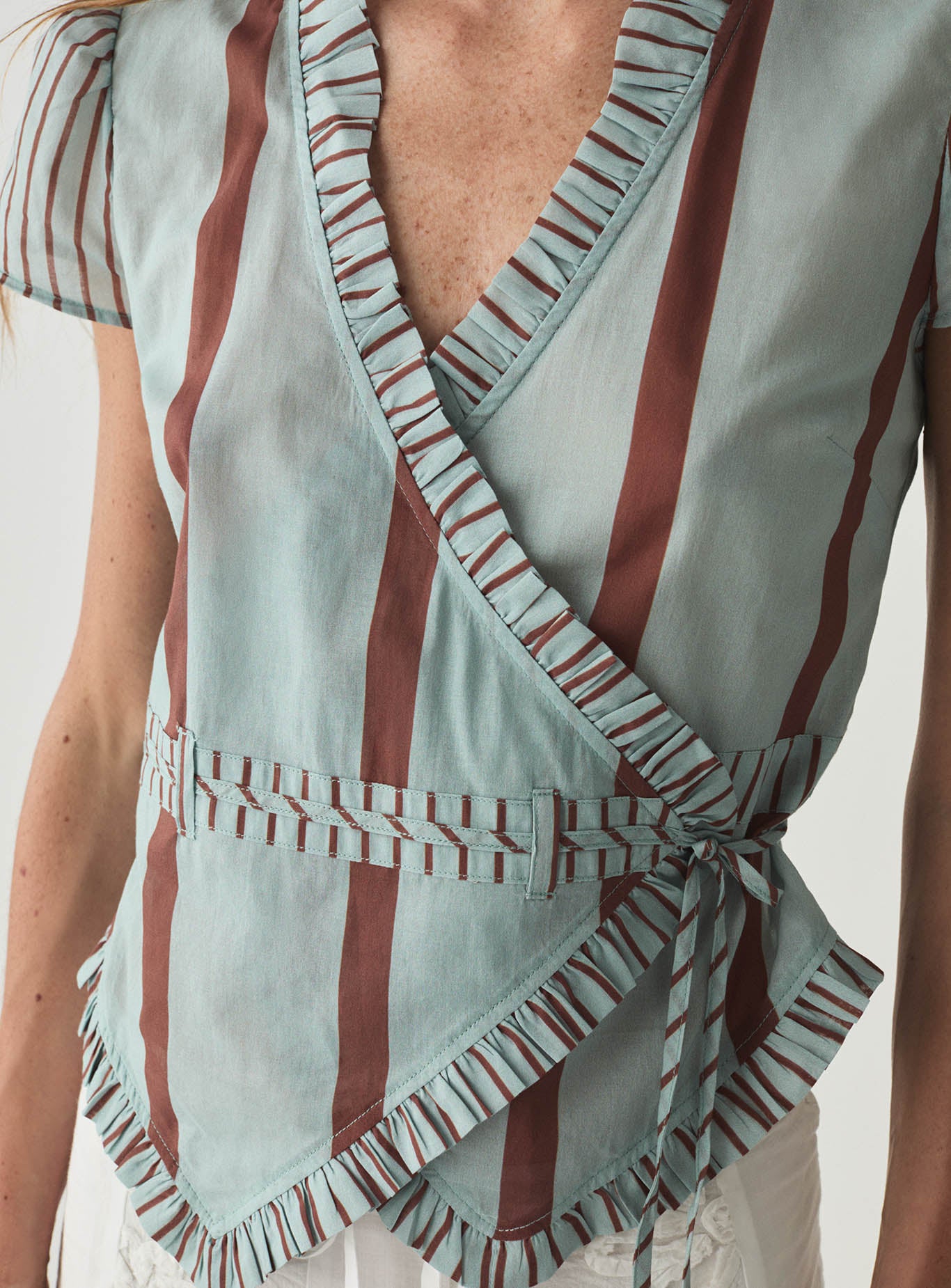 ATENA TURQUOISE STRIPED WRAP BLOUSE