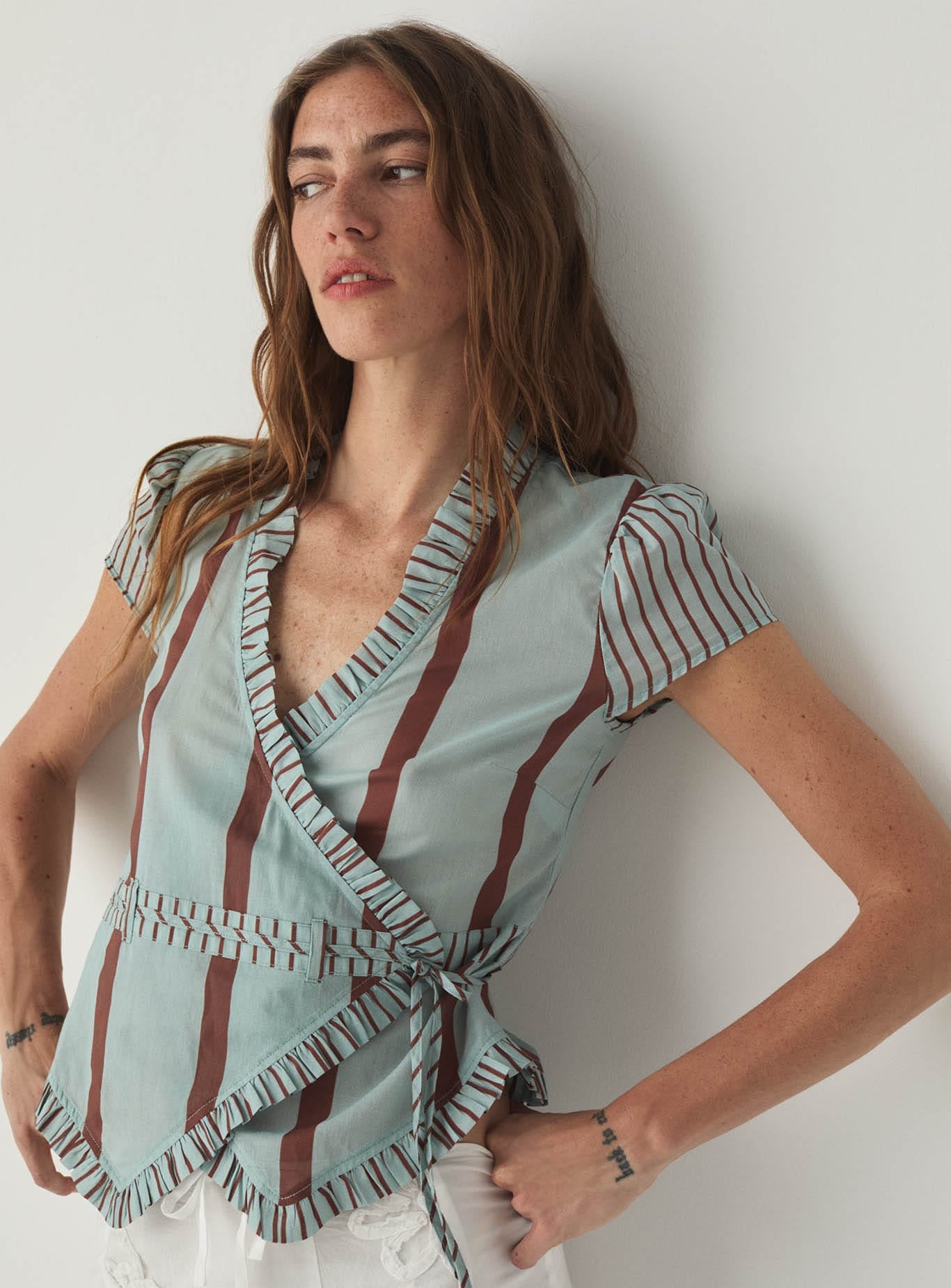 ATENA TURQUOISE STRIPED WRAP BLOUSE