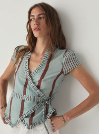 ATENA TURQUOISE STRIPED WRAP BLOUSE