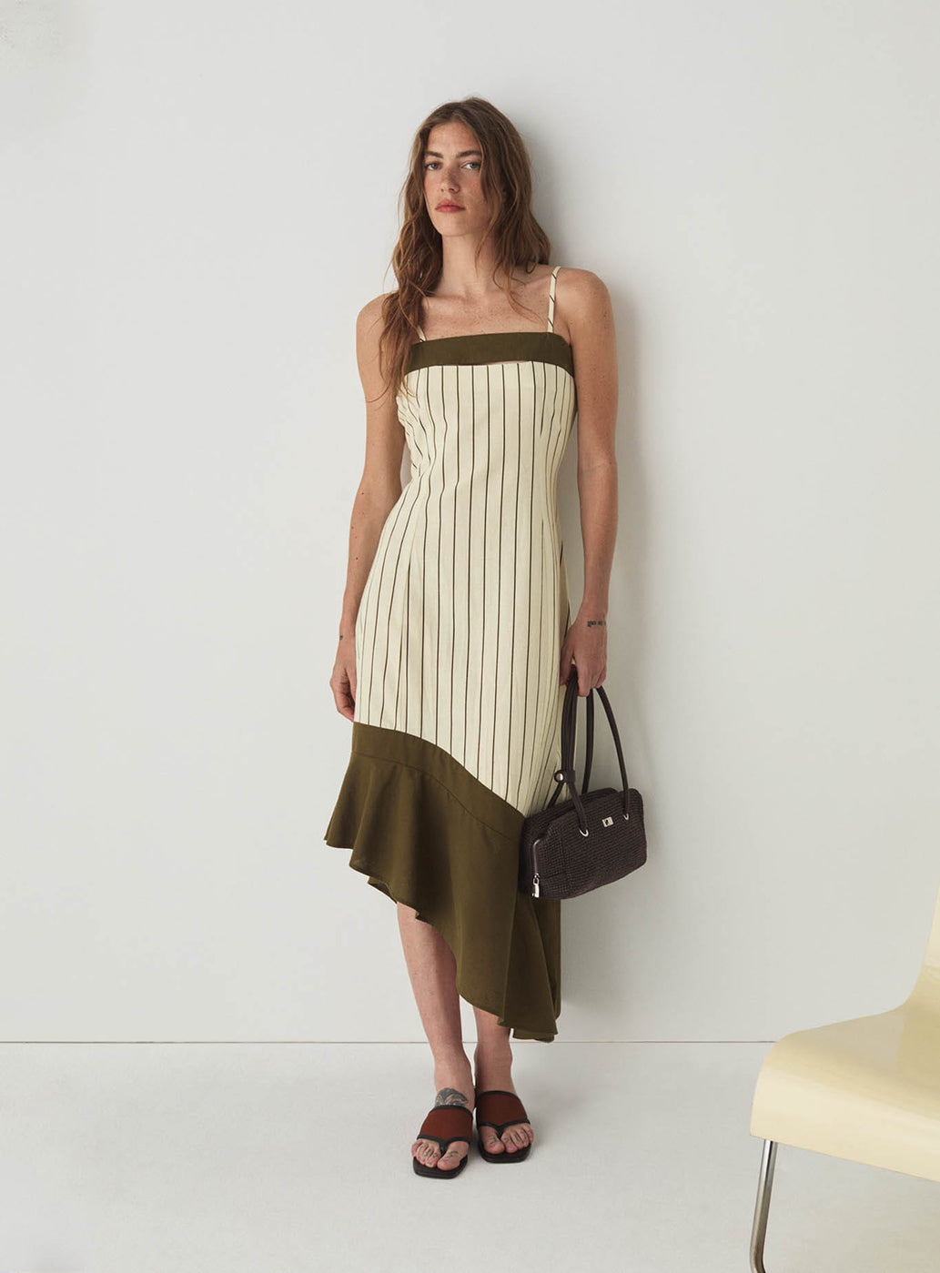 BREEZE KHAKI ASYMMETRIC MIDI DRESS