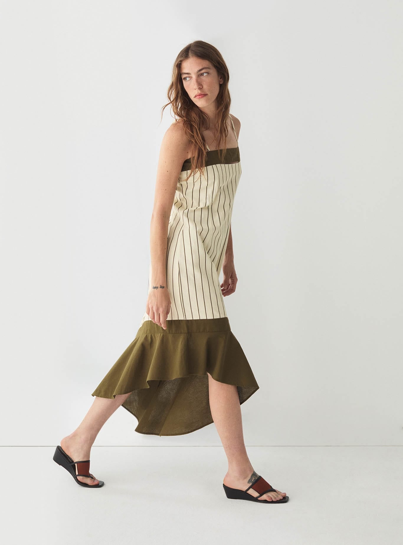 BREEZE KHAKI ASYMMETRIC MIDI DRESS
