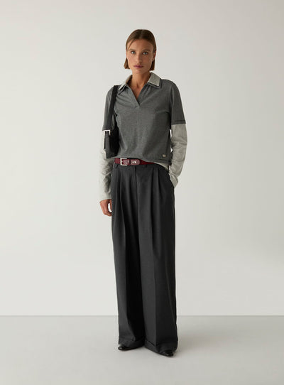 CANDACE GREY STRIPED LONG SLEEVE POLO T-SHIRT