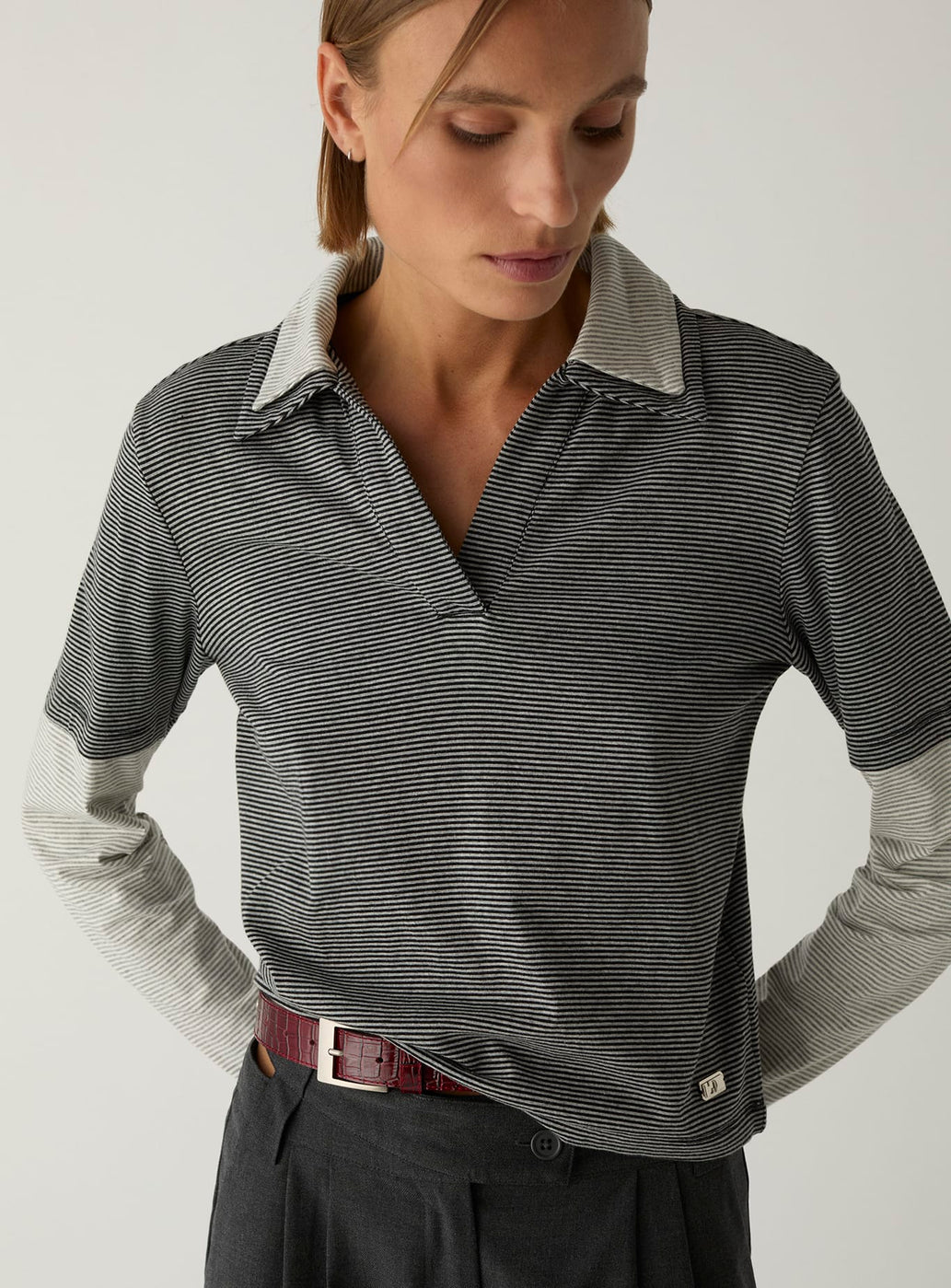 CANDACE GREY STRIPED LONG SLEEVE POLO T-SHIRT