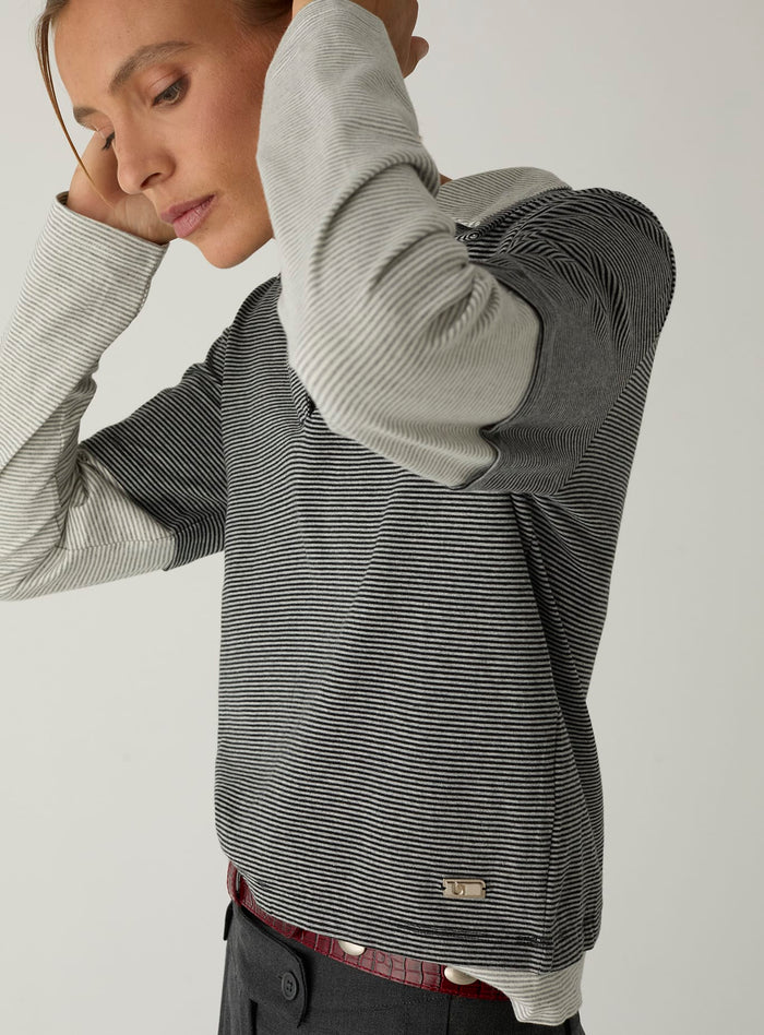 CANDACE GREY STRIPED LONG SLEEVE POLO T-SHIRT