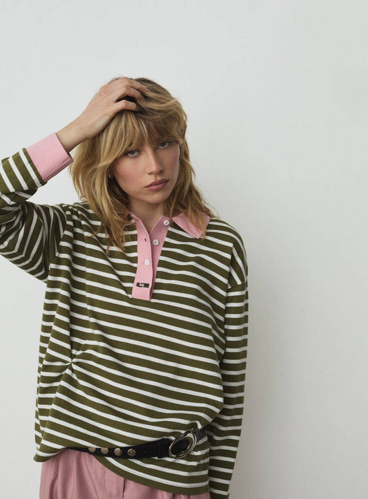 DUSE KHAKI STRIPED LONGSLEEVE POLO T-SHIRT