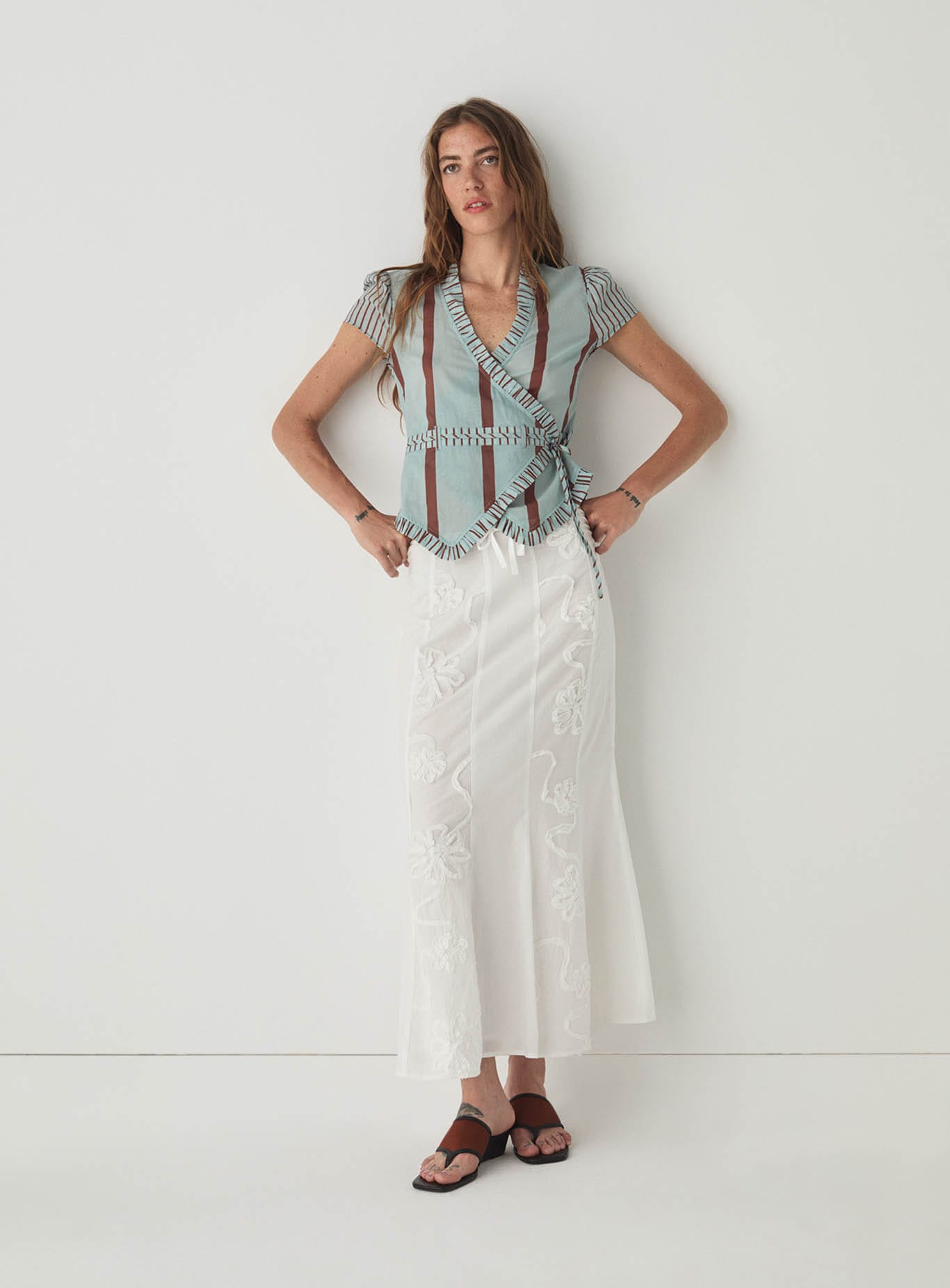 ATENA TURQUOISE STRIPED WRAP BLOUSE
