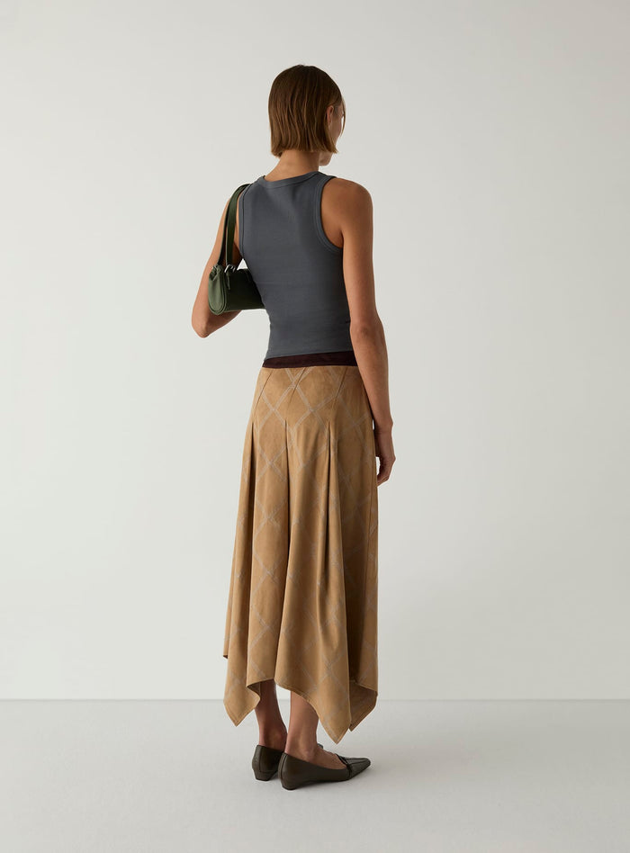 TYLA CAMEL EMBROIDERED MIDI SKIRT