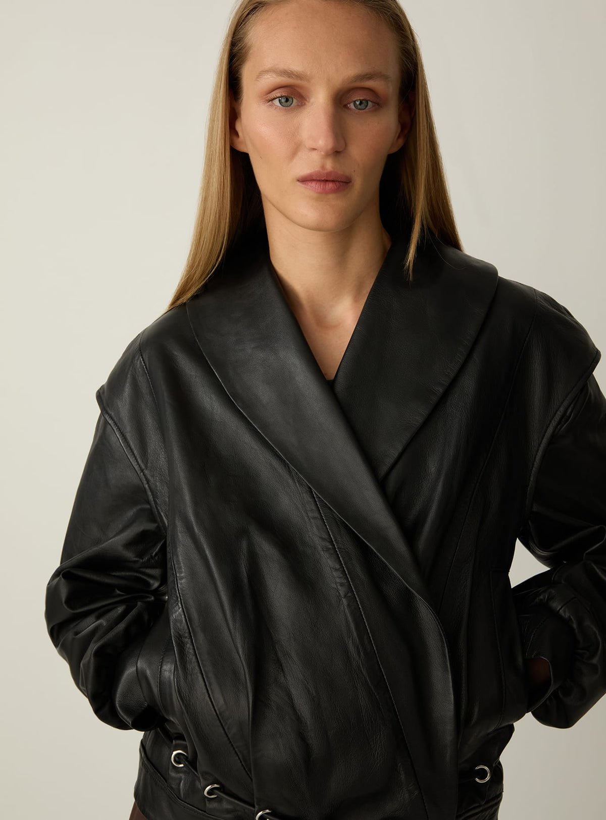 TYRA REAL LEATHER BLACK BOMBER JACKET