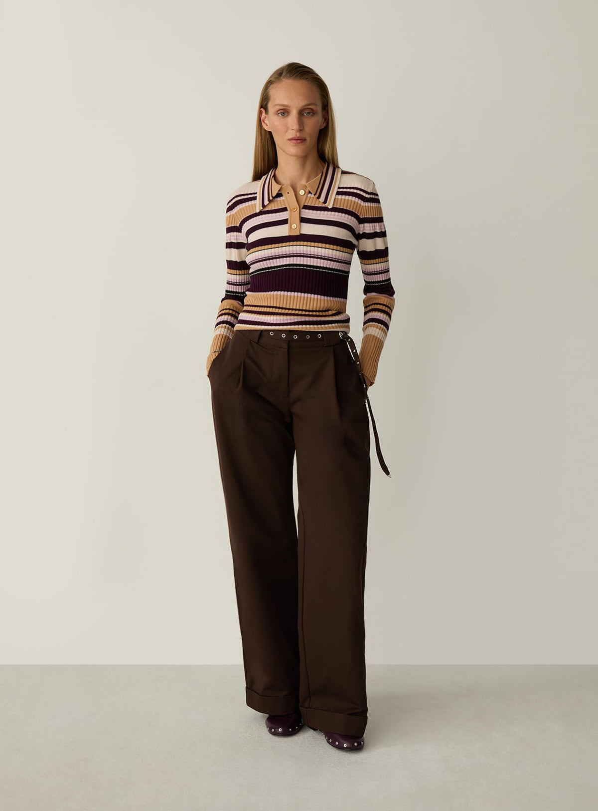 ILYANA CAMEL STRIPED POLO KNIT