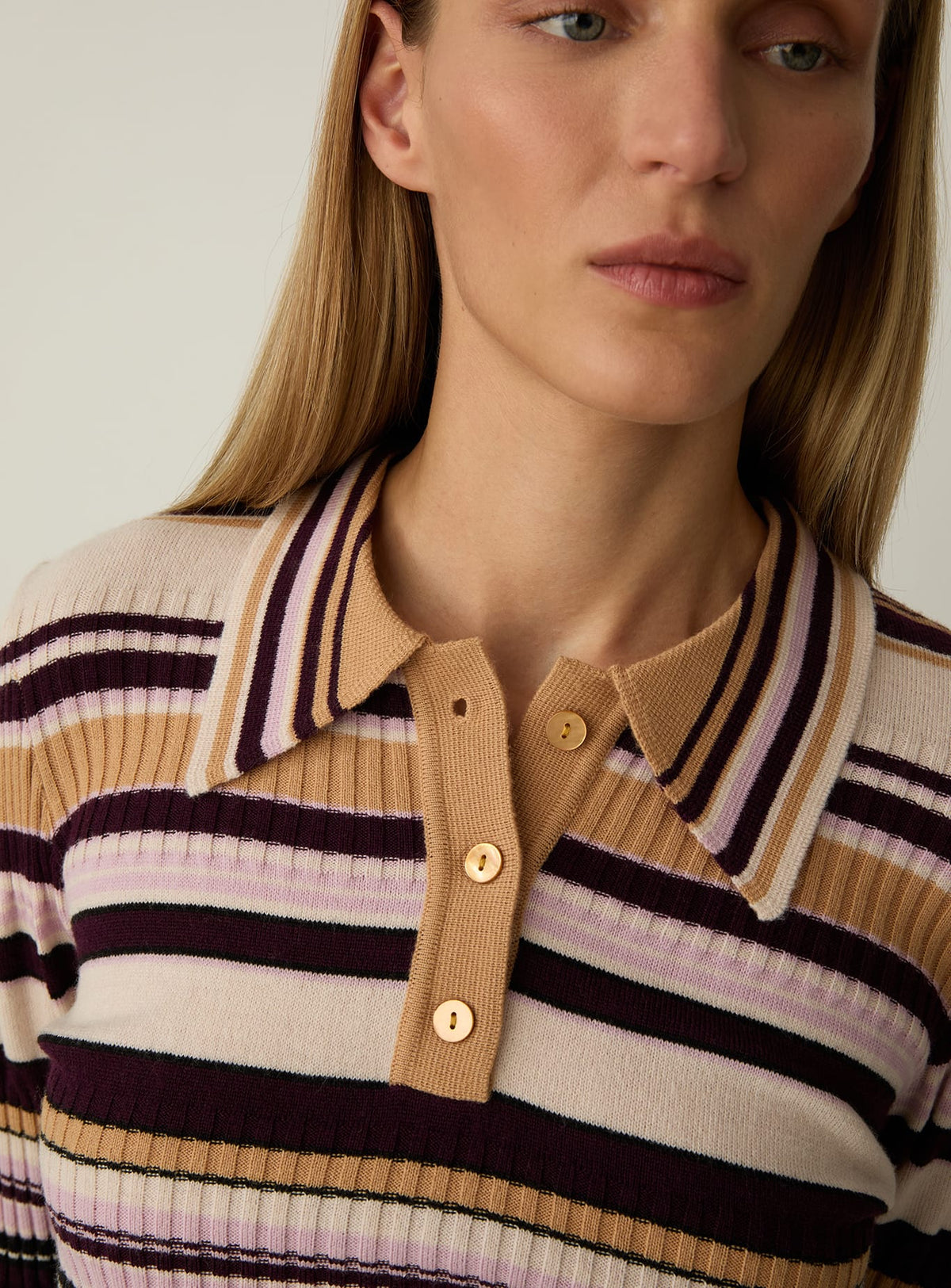ILYANA CAMEL STRIPED POLO KNIT