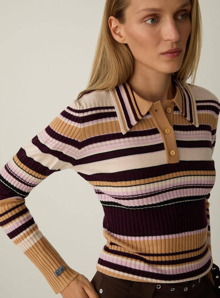 ILYANA CAMEL STRIPED POLO KNIT