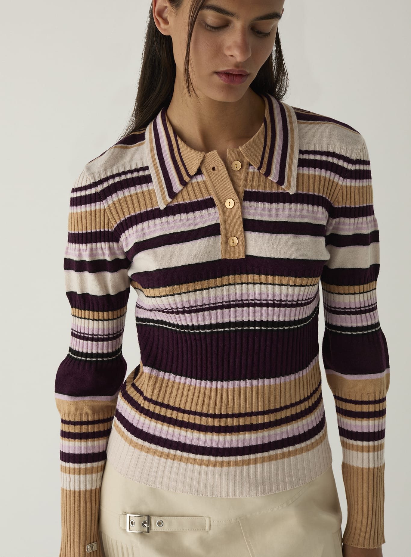 ILYANA CAMEL STRIPED POLO KNIT