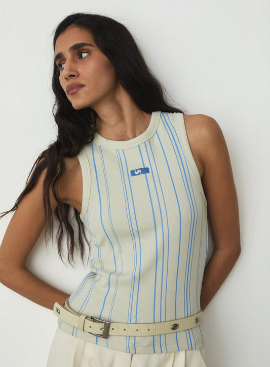 LIGHT BLUE STRIPED EMBROIDERED LOGO TANK TOP