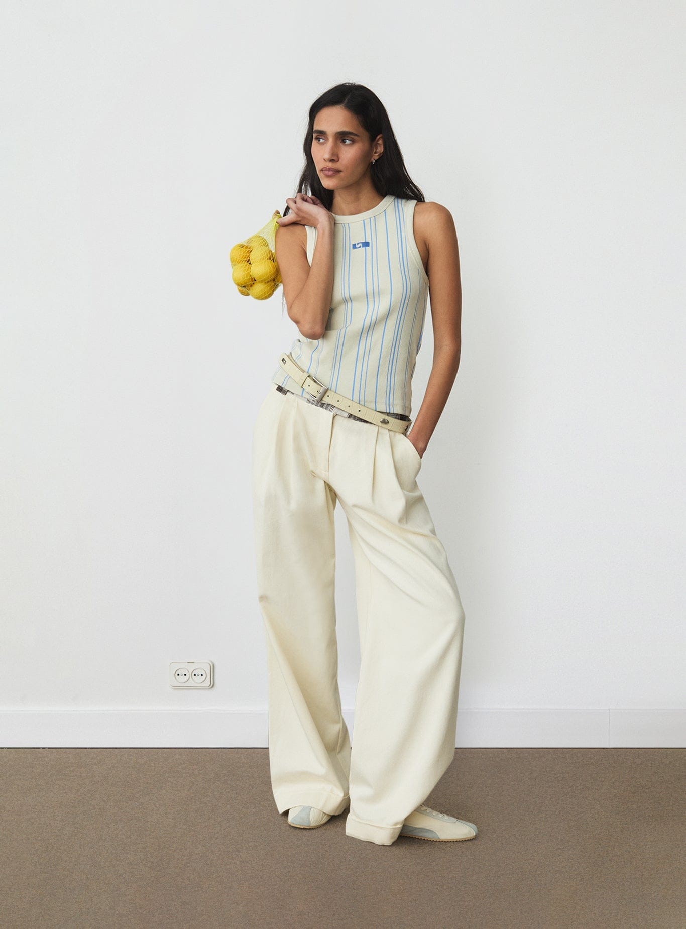 LIGHT BLUE STRIPED EMBROIDERED LOGO TANK TOP