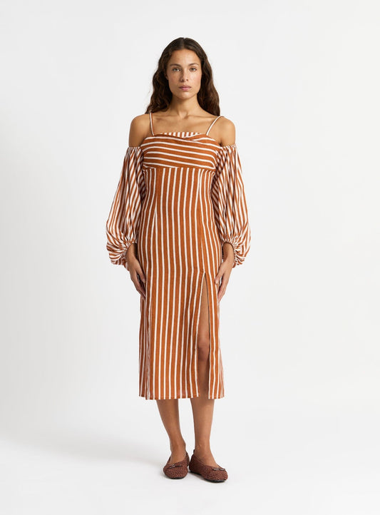 NARA BROWN STRIPED MIDI DRESS