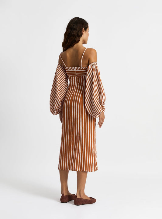 NARA BROWN STRIPED MIDI DRESS