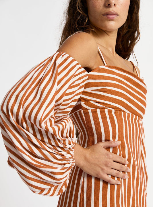 NARA BROWN STRIPED MIDI DRESS