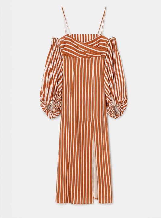 NARA BROWN STRIPED MIDI DRESS