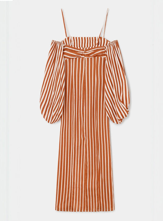 NARA BROWN STRIPED MIDI DRESS