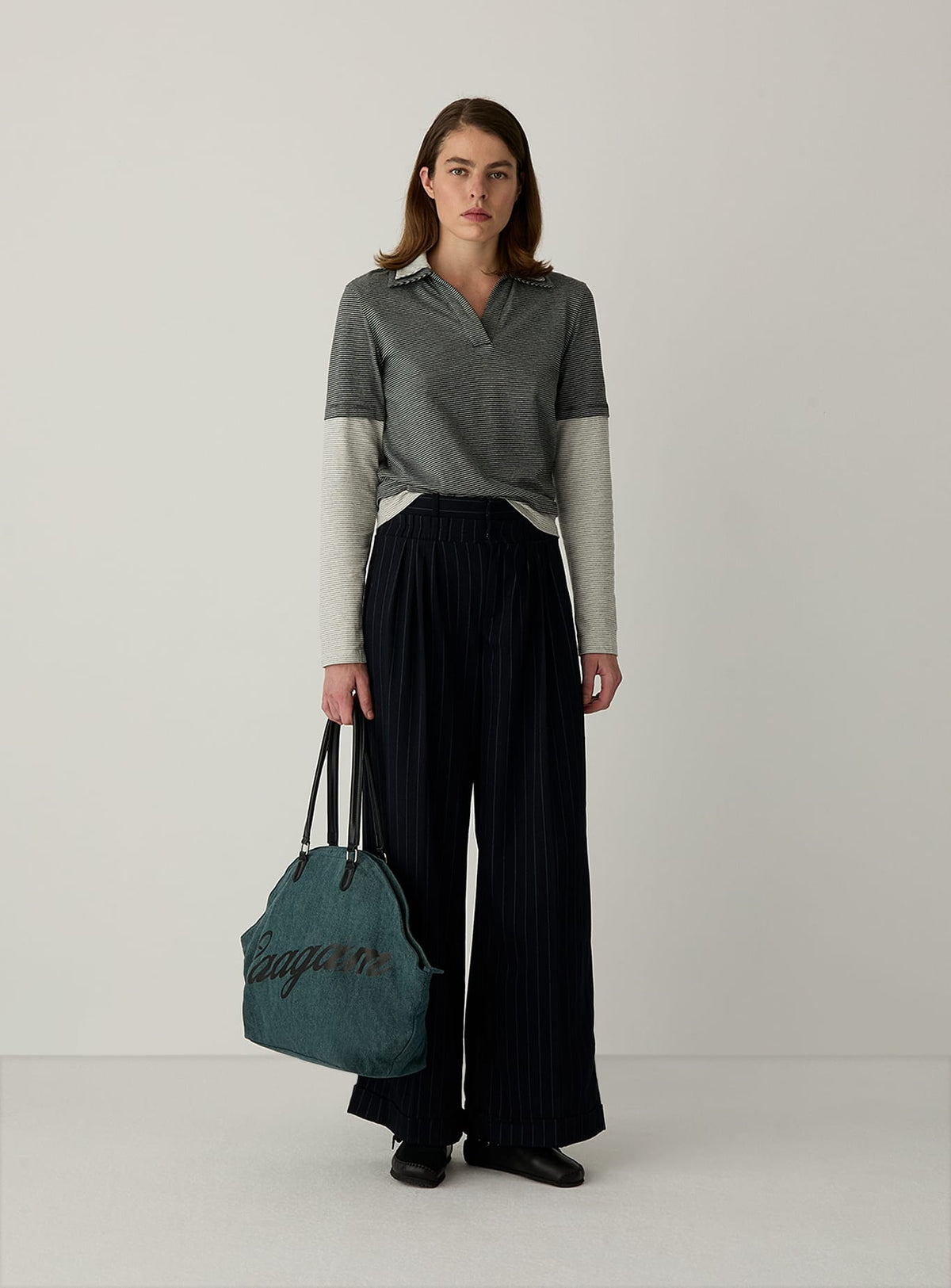 CANDACE GREY STRIPED LONG SLEEVE POLO T-SHIRT
