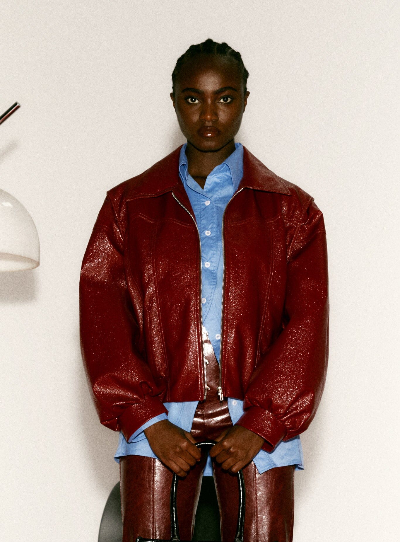 CUPIDO RED FAUX LEATHER BOMBER JACKET