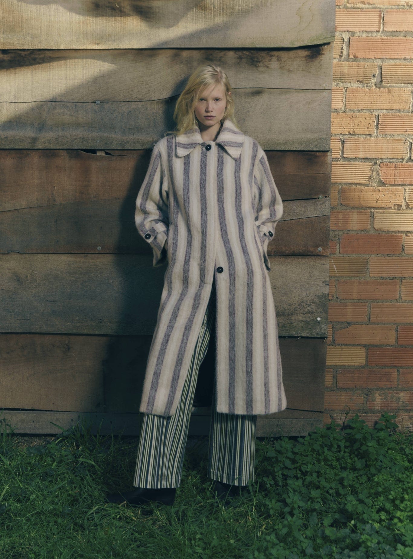 PORTOBELLO ECRU STRIPED LONG COAT