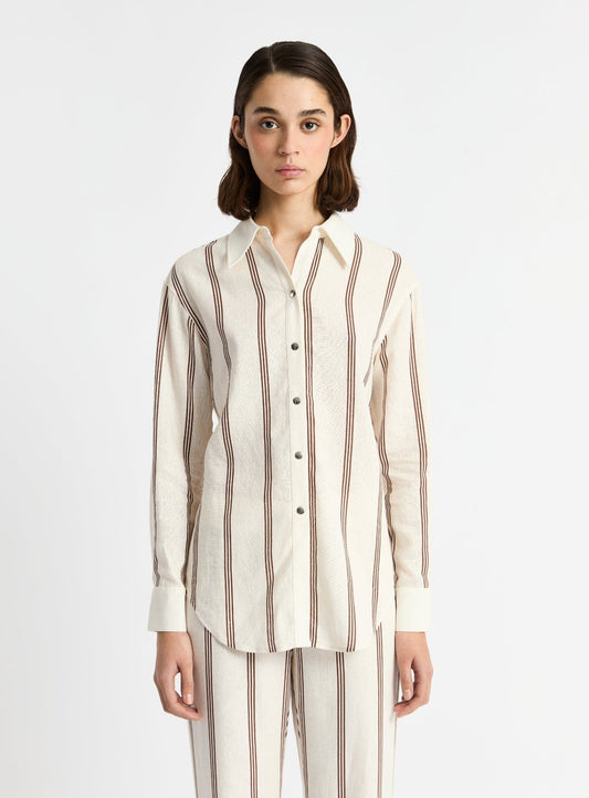 SAGA BROWN STRIPED PLEATED SHIRT